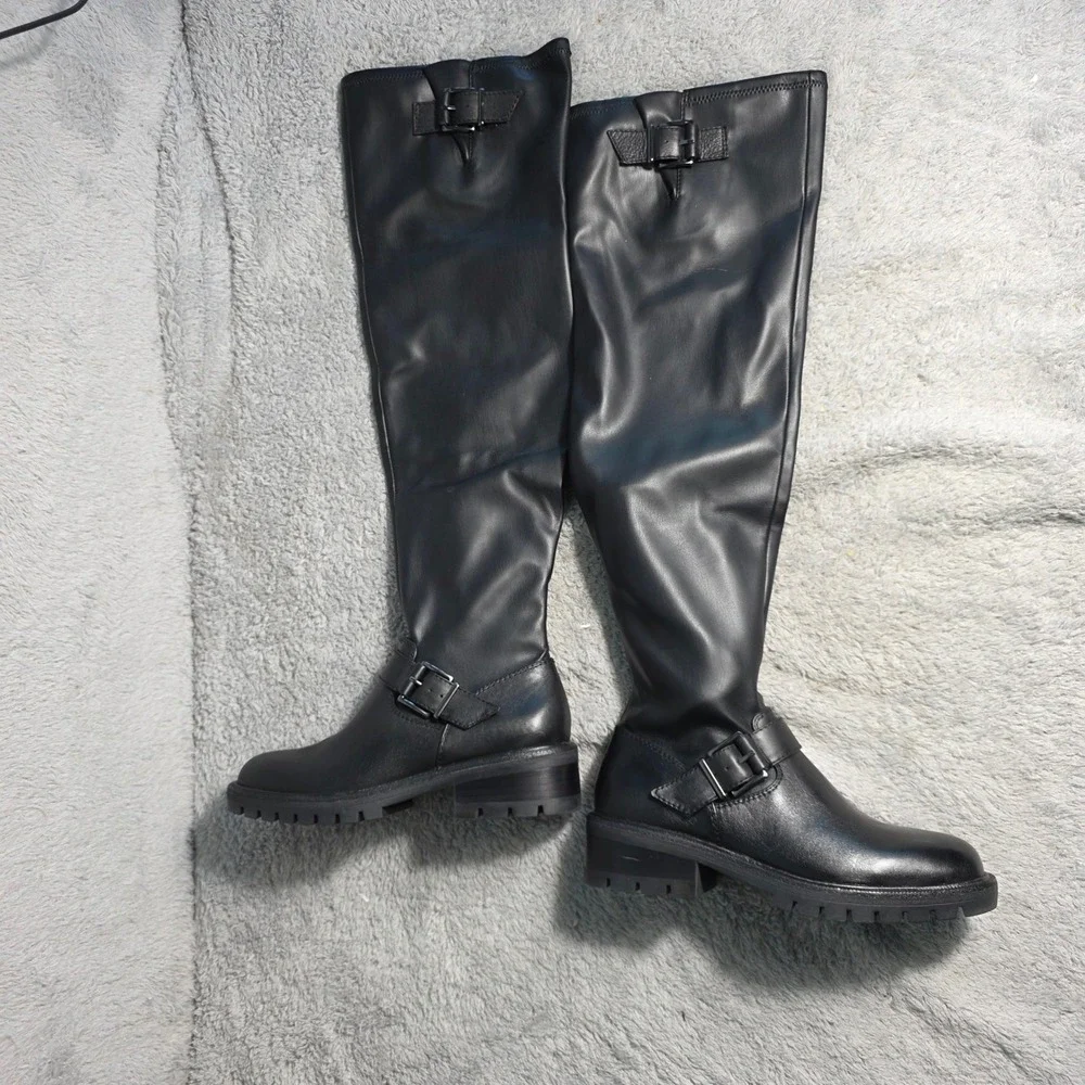 Vince Camuto Abrila Black Leather Buckle Over The Knee Boots Women‎ 6.5 NEW